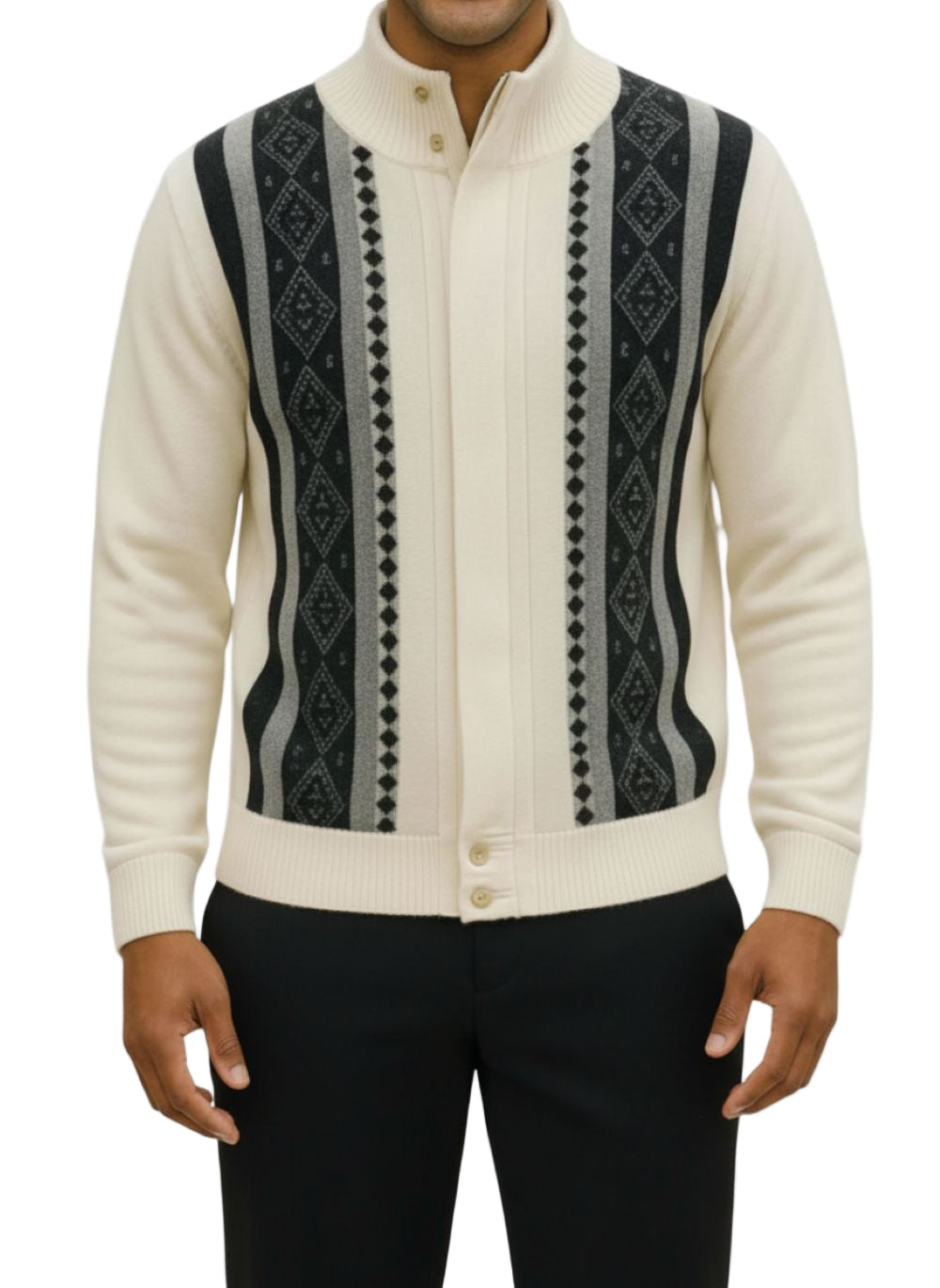 Cream Vertical Pattern Zip Sweater Jacket