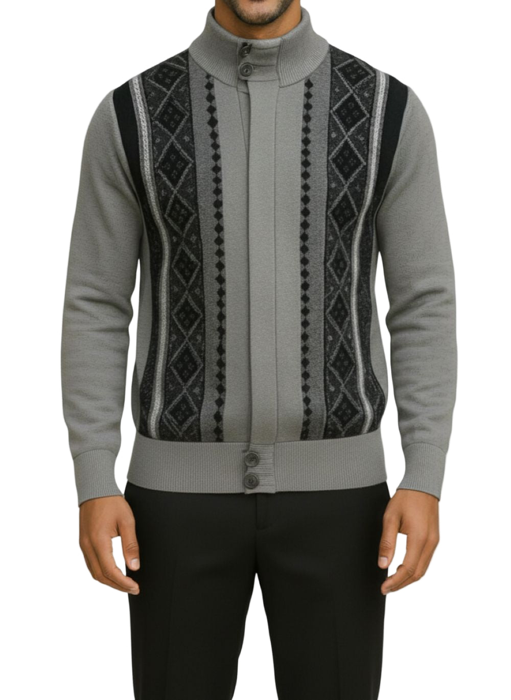 Gray Vertical Pattern Zip Sweater Jacket