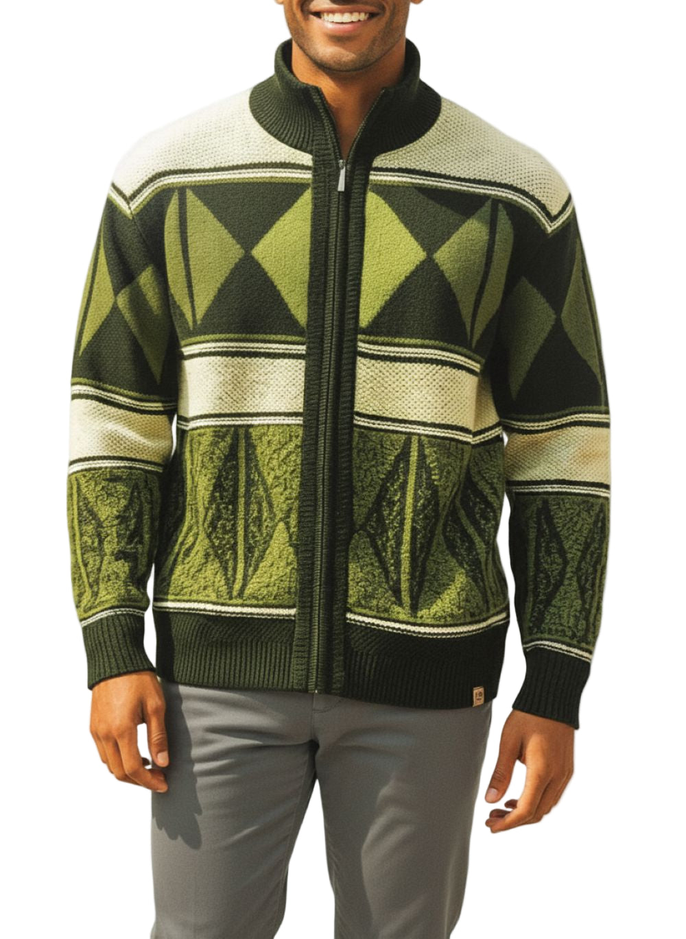 Olive Geo Pattern Full Zip Sweater