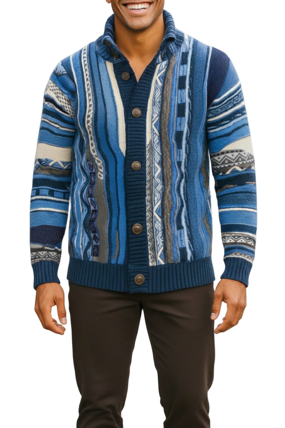 Man wearing a blue patterned cardigan on a white background