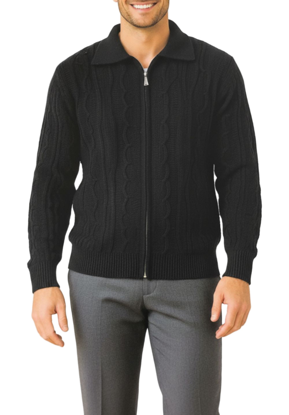 Wool Blend Full Zip Sweater - Black