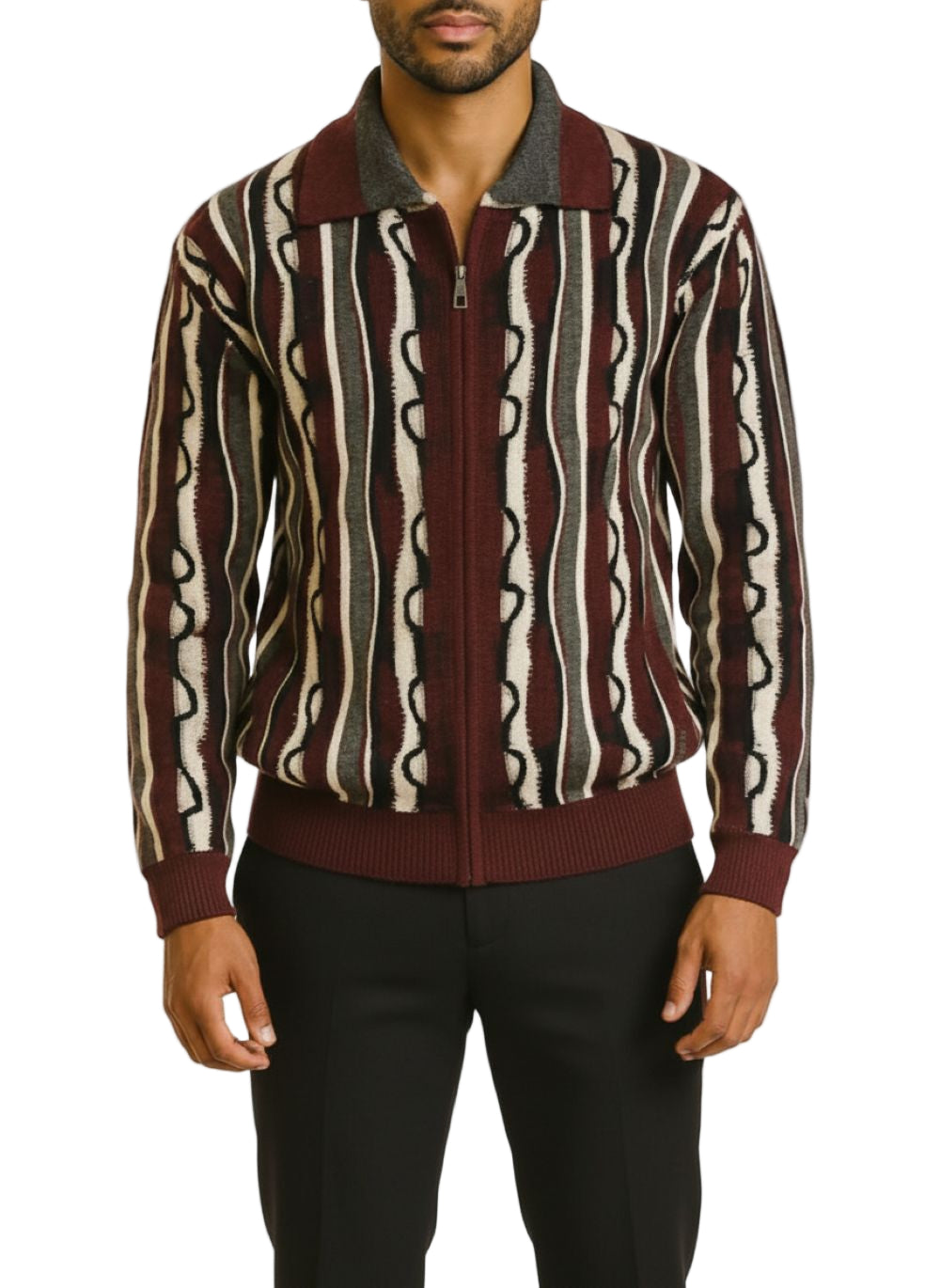 Wool Blend Full Zip Sweater - Black/Fig