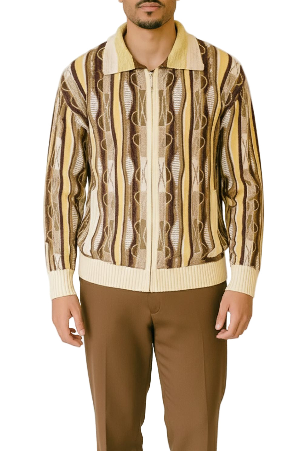 Detailed view of the solid cream/brown sleeve of the SILVERSILK Wool Blend Full Zip Sweater.
