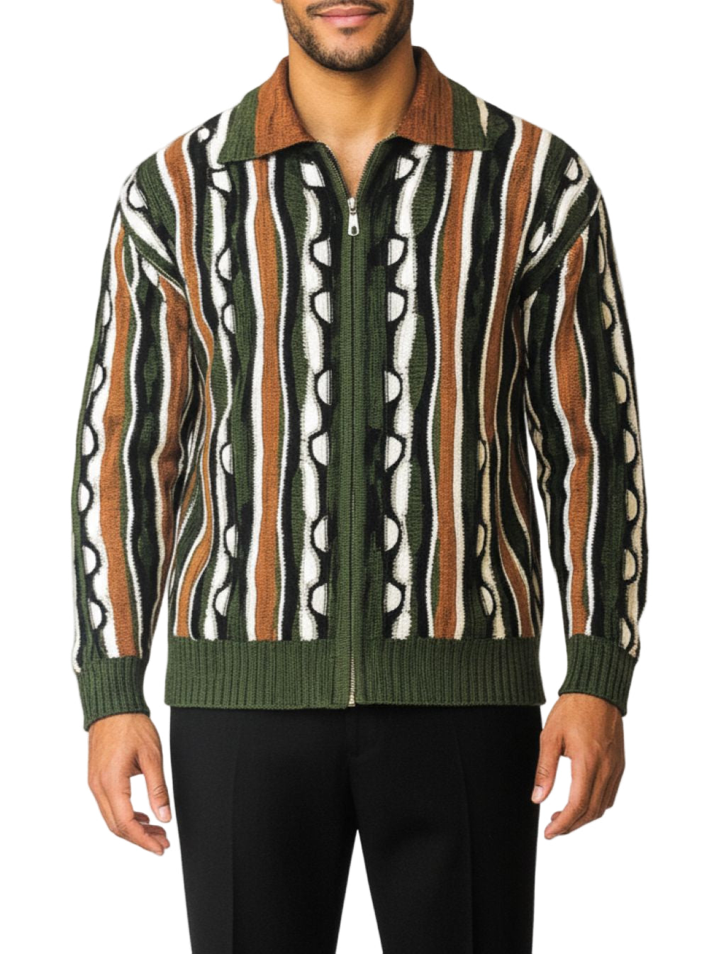 Wool Blend Full Zip Sweater - Olive