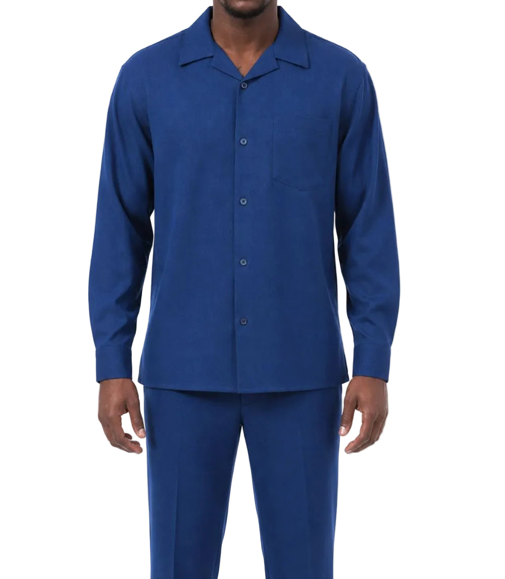 Man wearing a blue shirt and pants on a white background
