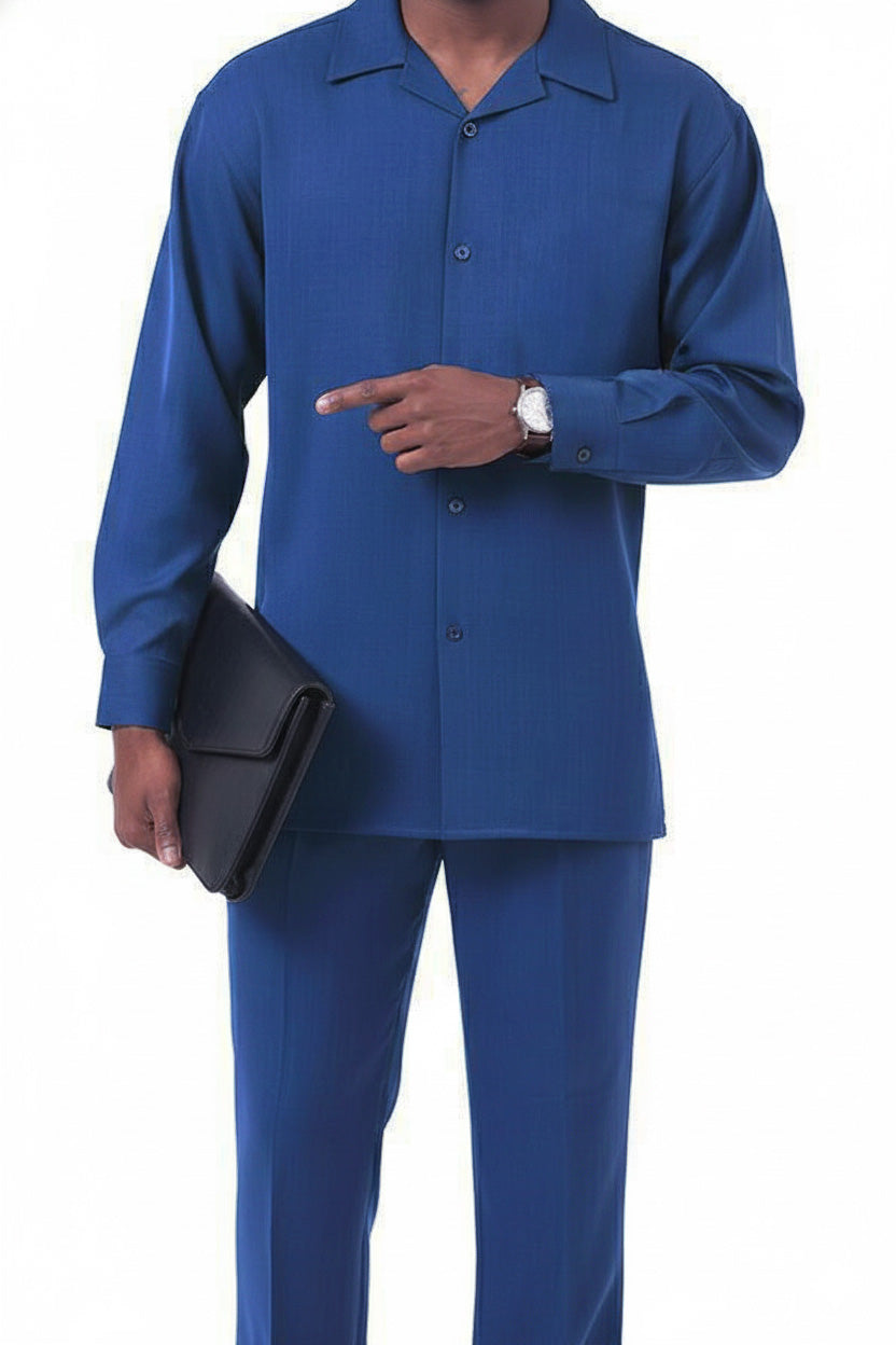 Solid sapphire Long Sleeve Walking Suit 2 Piece Set shirt, showing collar, buttons, long sleeves, and a pocket.