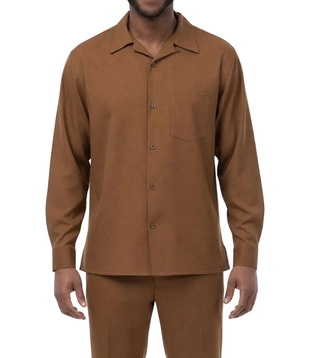 Taupe Brown shirt and pants set on a white background