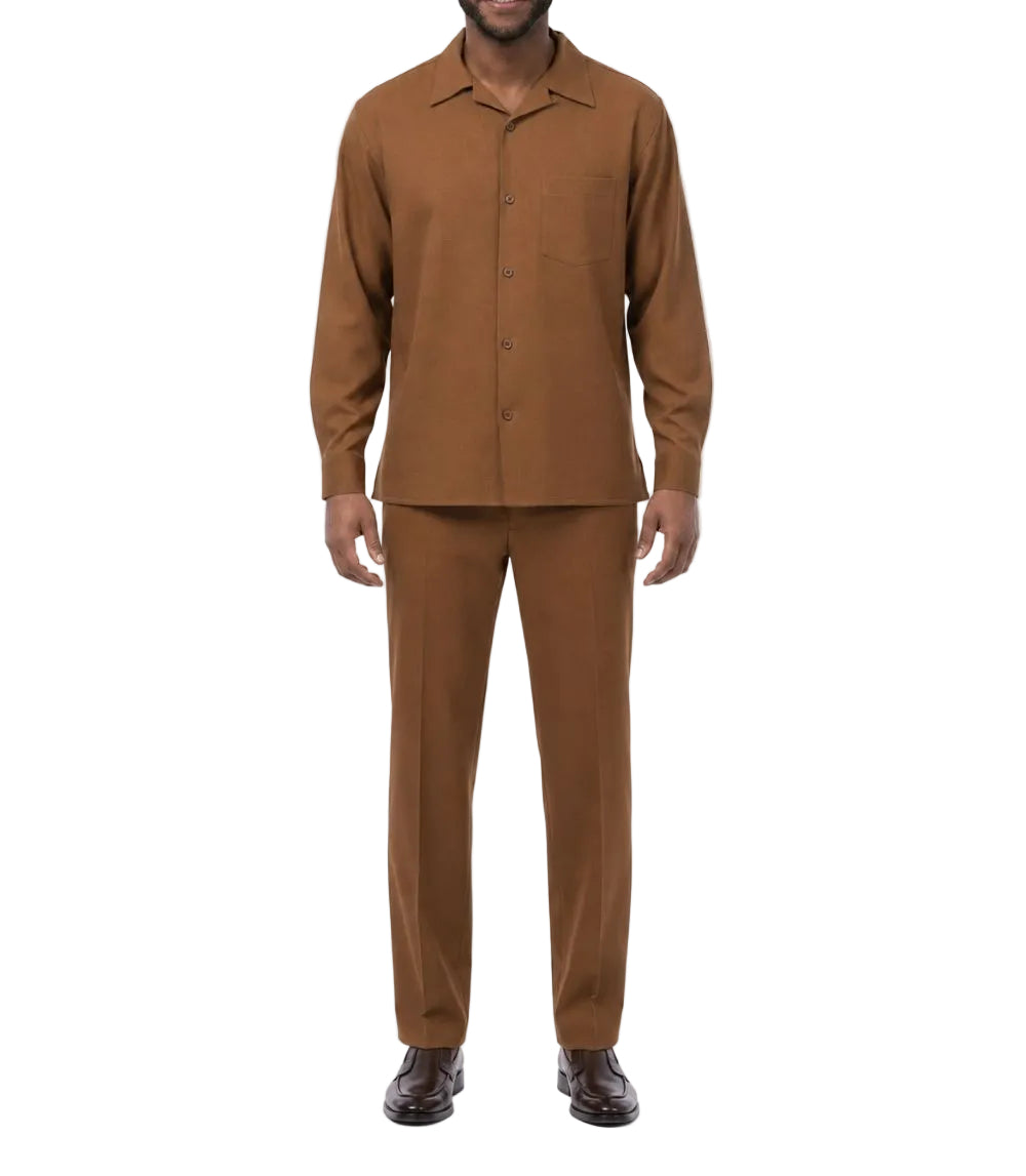 Long Sleeve Walking Suit 2 Piece Set with Flexible Waist Pants in Taupe