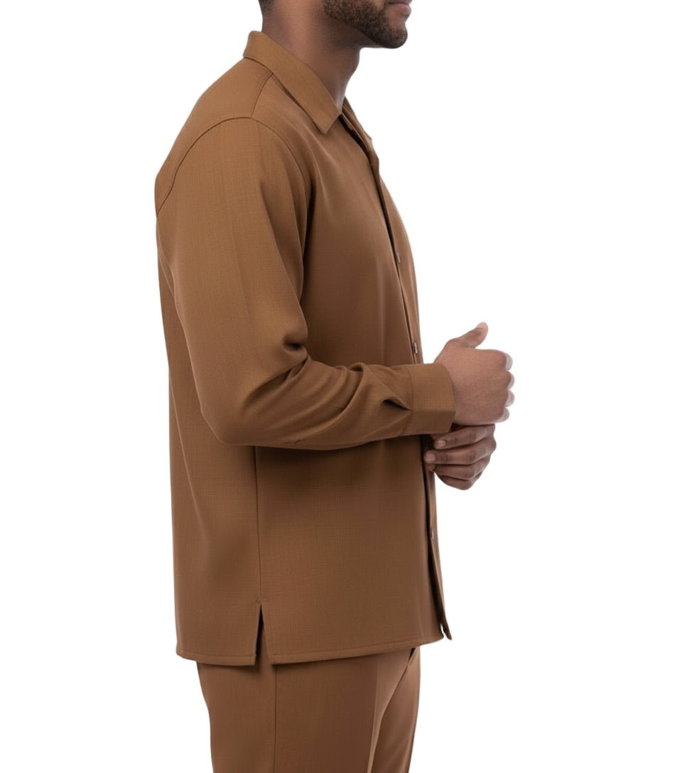 Man wearing a brown walking suit on a white background