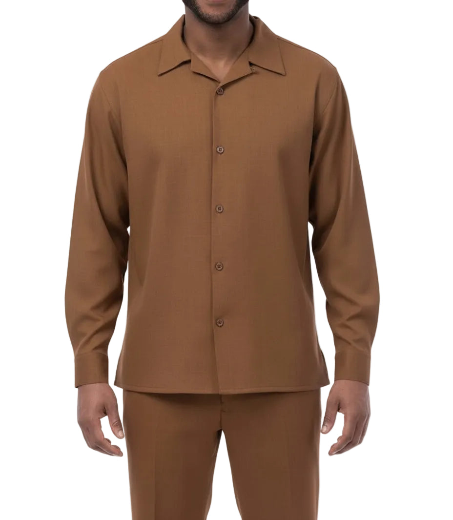 Solid taupe long sleeve shirt of the Men's 2 Piece Walking Suit, with collar, front buttons, and chest pocket.