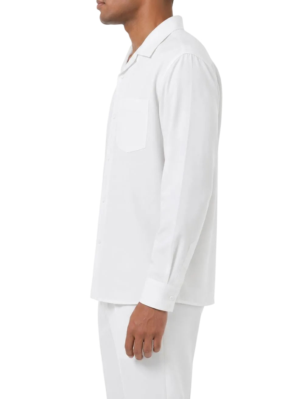 Person wearing a white long-sleeve shirt and pants on a white background
