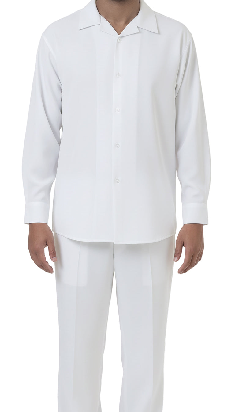 Solid white long sleeve top of the Long Sleeve Walking Suit 2 Piece Set, featuring collar and buttons.