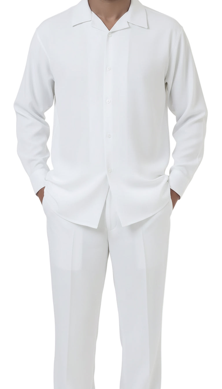 Close-up of the solid white long-sleeve top of the Walking Suit 2 Piece Set, showing collar, buttons, and pocket.