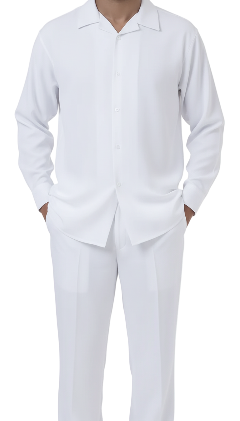 Close-up of the solid white long sleeve from the Walking Suit 2 Piece Set, showing cuff buttons, collar, and pocket.