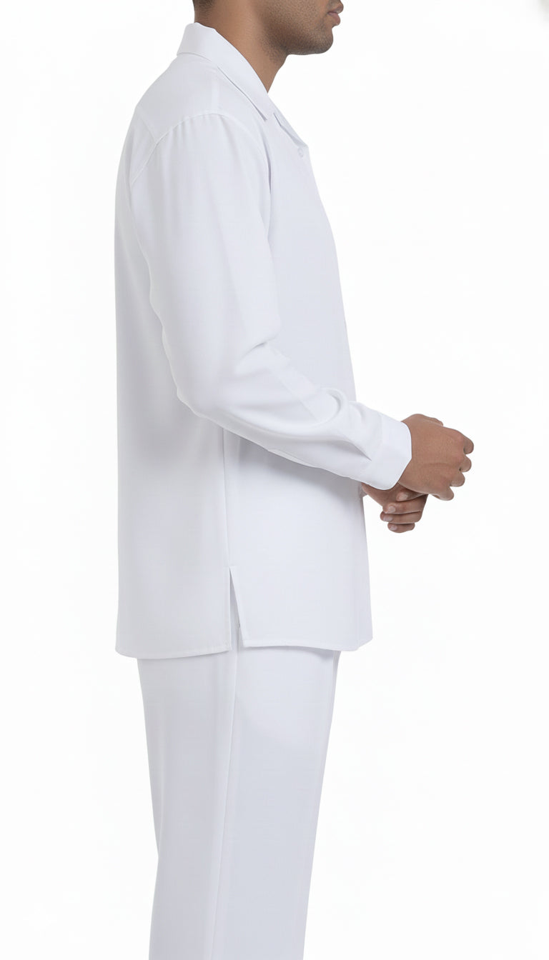 Person wearing a white suit on a white background