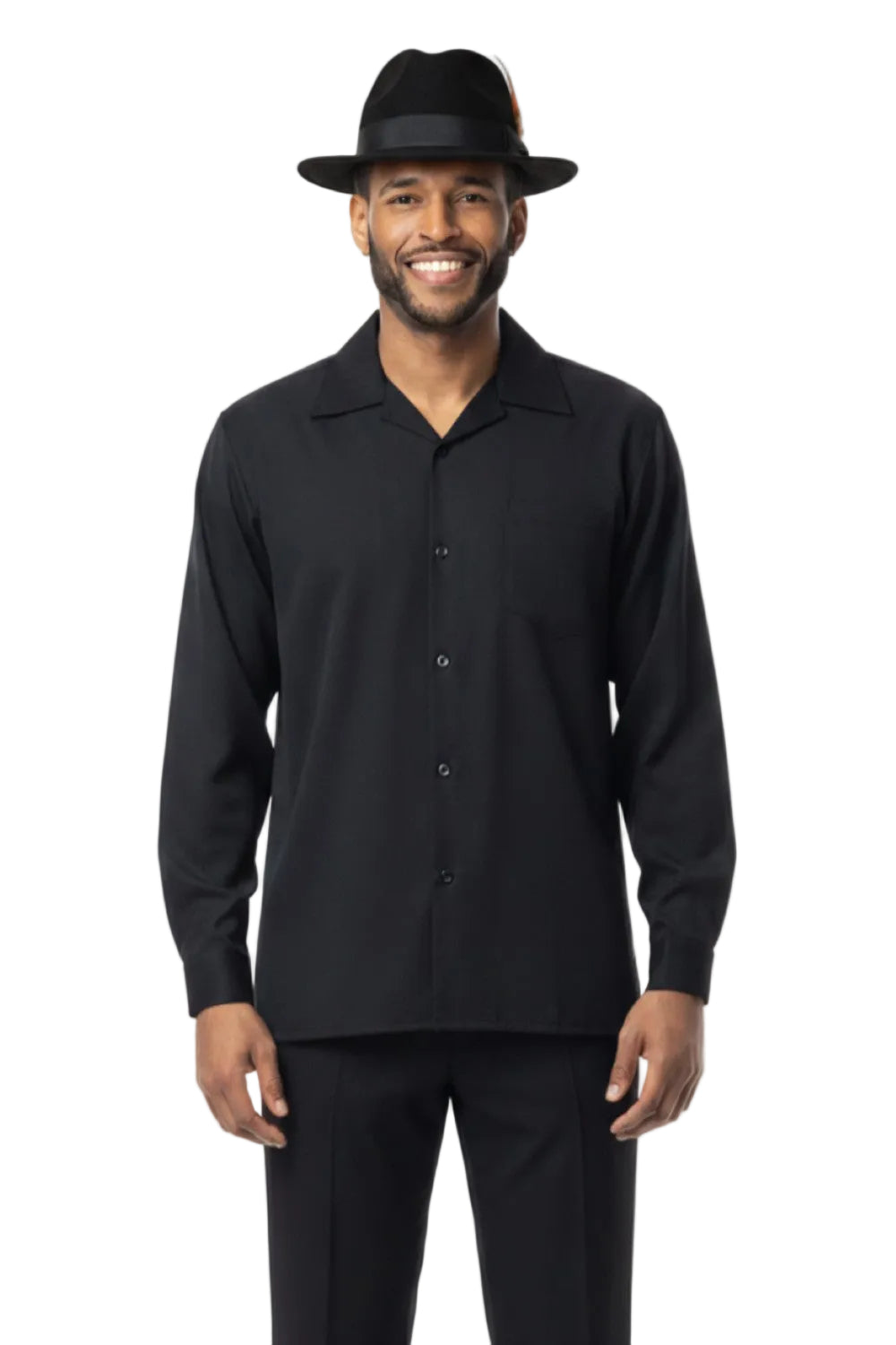 Man wearing a black shirt and hat on a white background