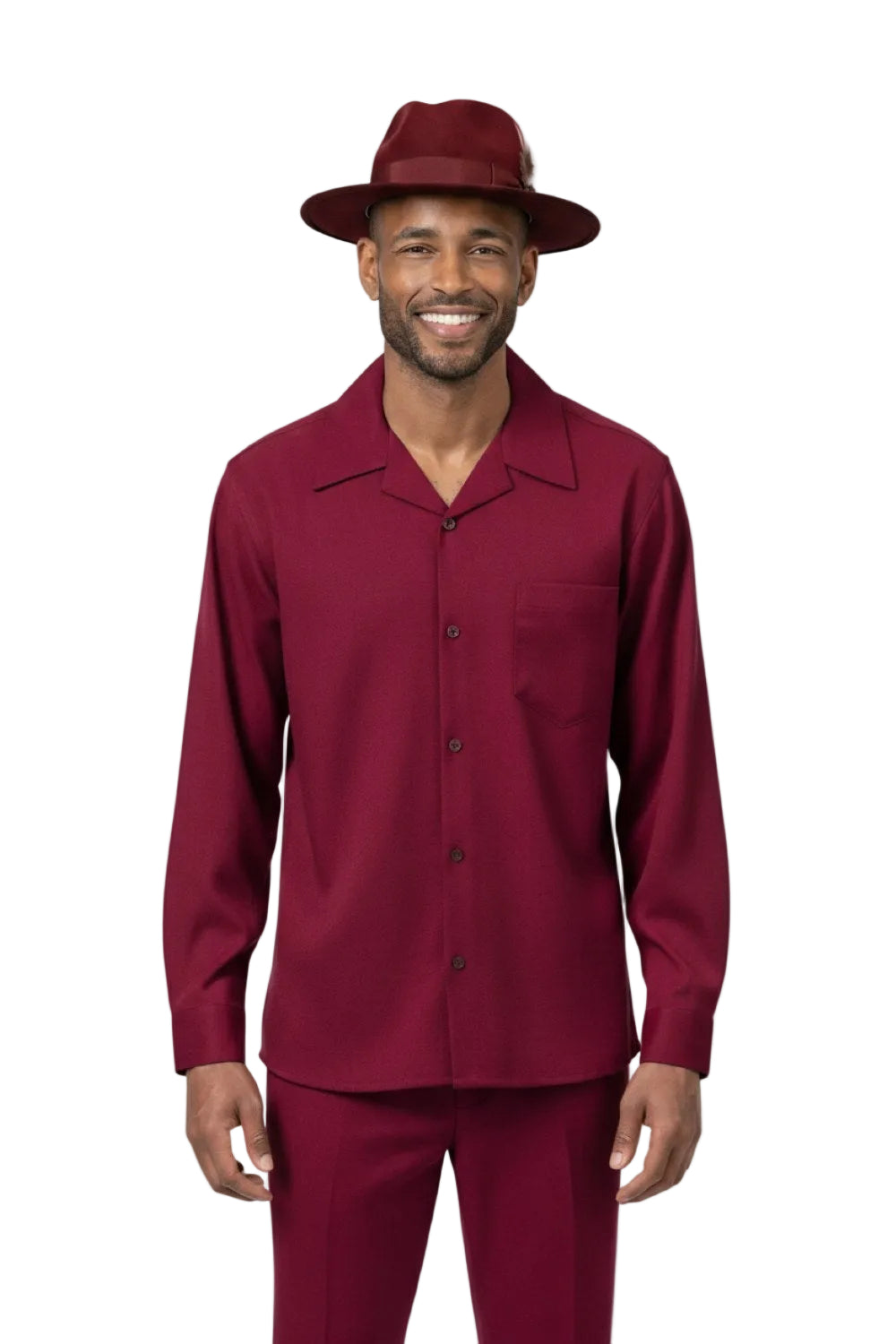 Man wearing a burgundy shirt and pants with a matching hat on a white background