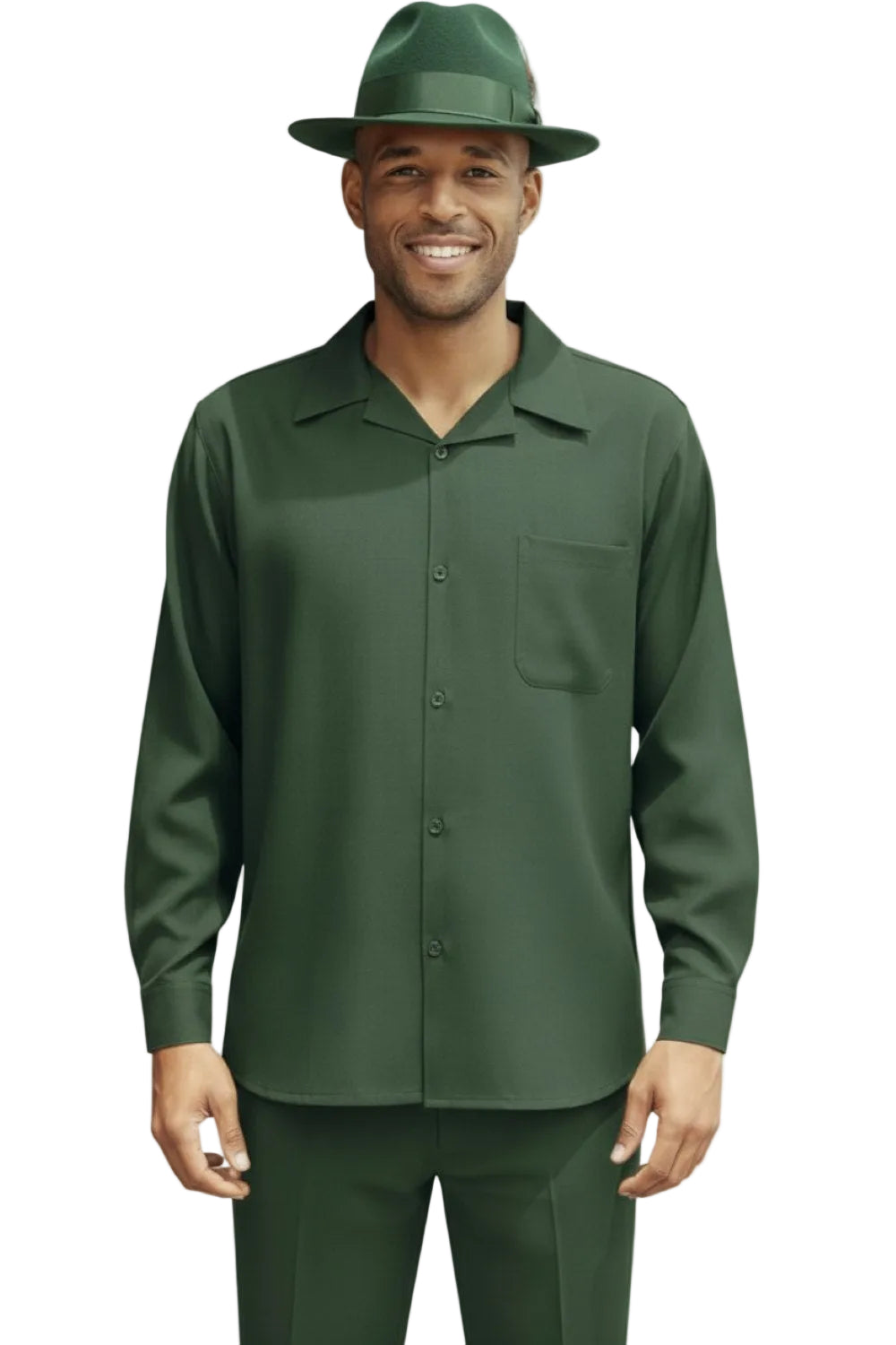 Man wearing a green uniform with a hat on a white background