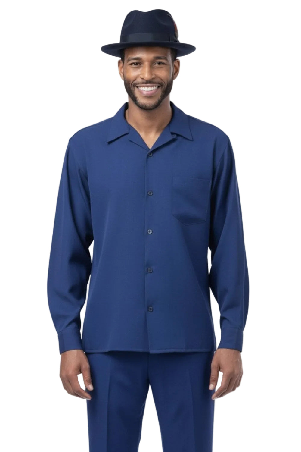 Man wearing a blue shirt and pants with a matching hat on a white background
