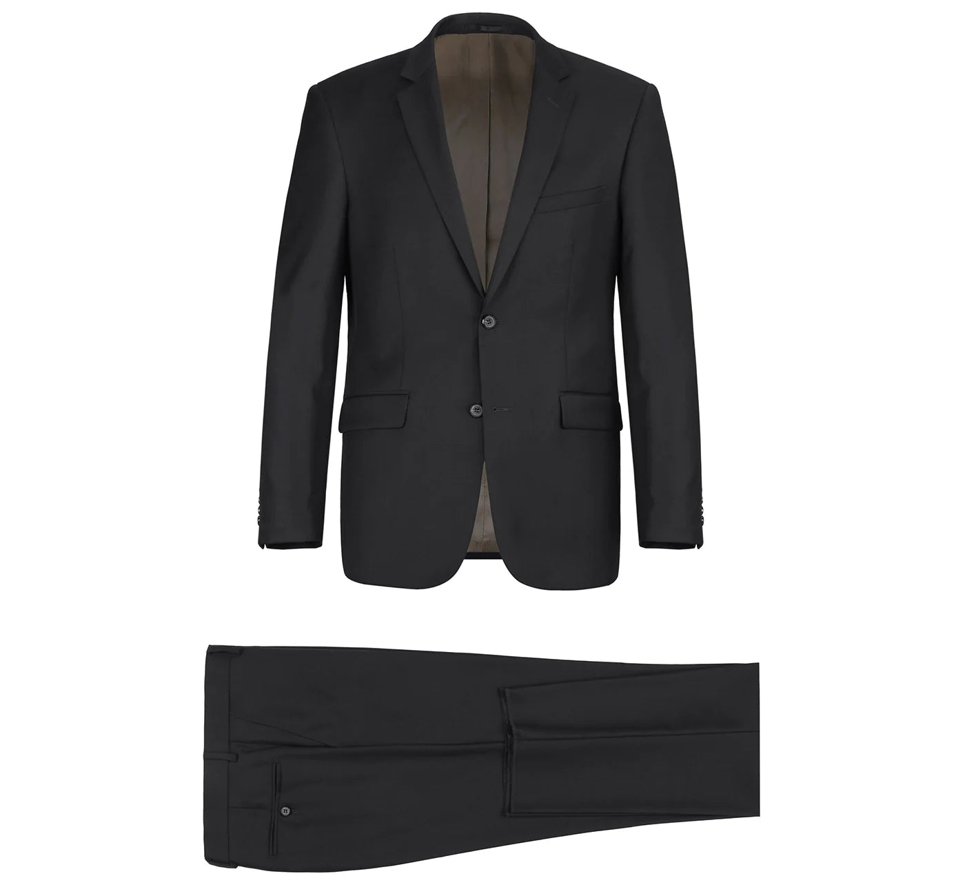 Solid 100% Virgin Wool Regular Fit Black Suit with collar, buttons, pockets, and shoes on a white background.