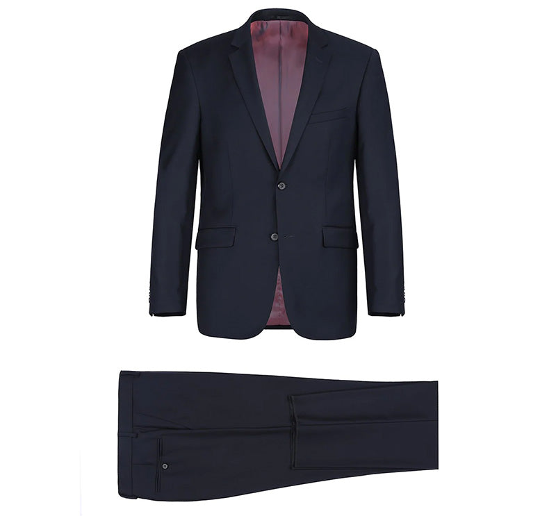 Bevagna Navy Virgin Wool Regular Fit Pick Stitched suit jacket, solid, collar, buttons, pockets.