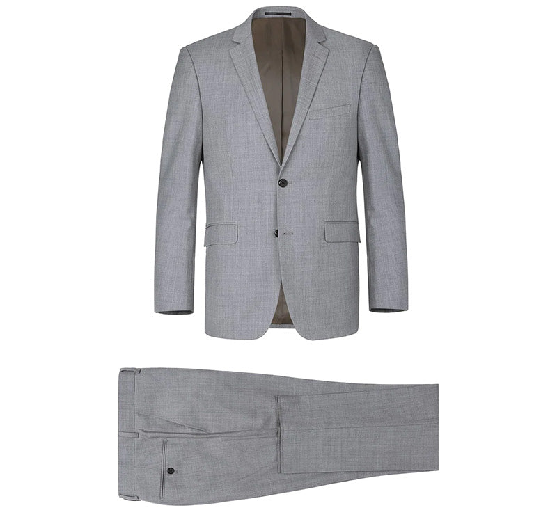 Detail shot of a Renoir Bevagna light gray 100% virgin wool suit, showcasing refined pick stitching.
