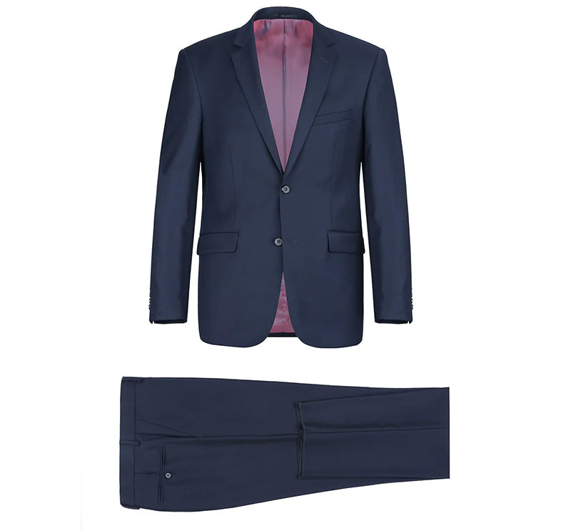 Bevagna Collection - Blue 100% Virgin Wool Regular Fit Pick Stitched 2 Piece Suit jacket showing collar, button, pocket.