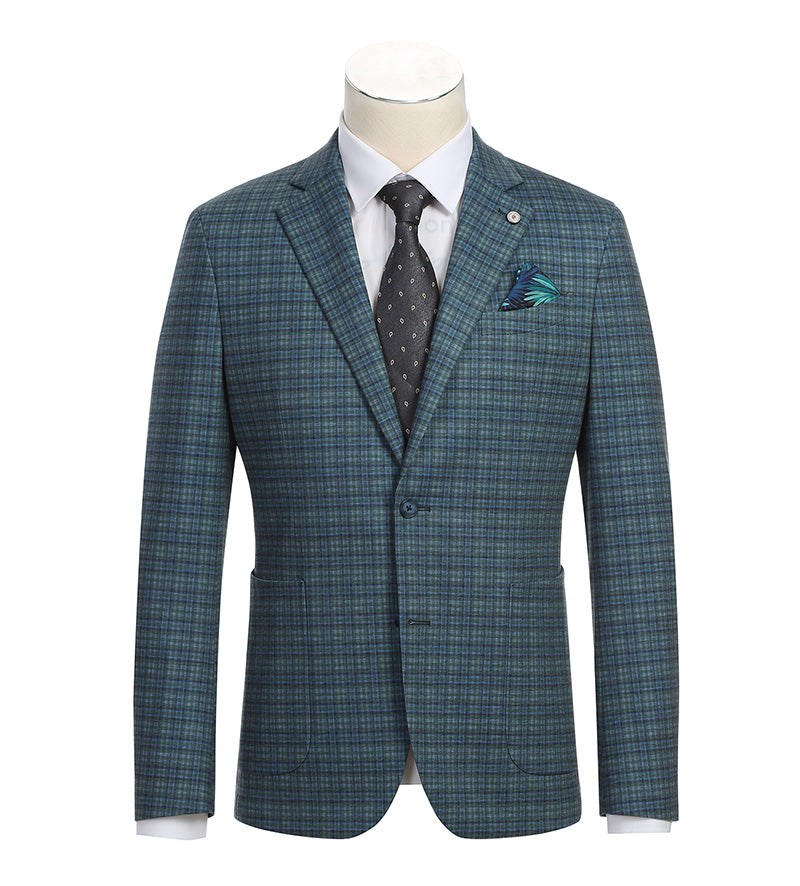 Blazer de corte slim de media lona a cuadros verdes y azules