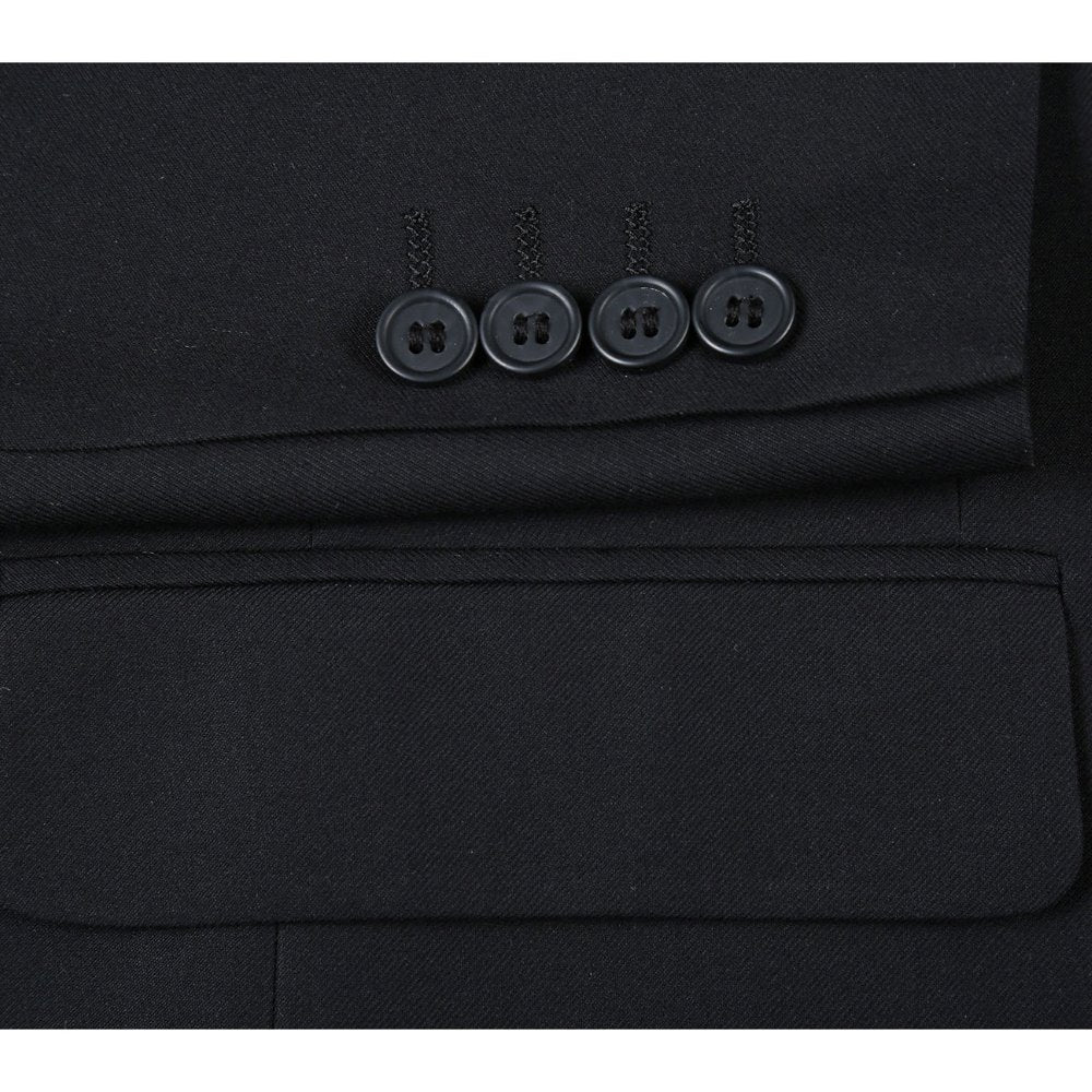 Solid black Slim Fit 2 Piece Double Breasted Peak Lapel Tuxedo jacket, displaying collar and front buttons.
