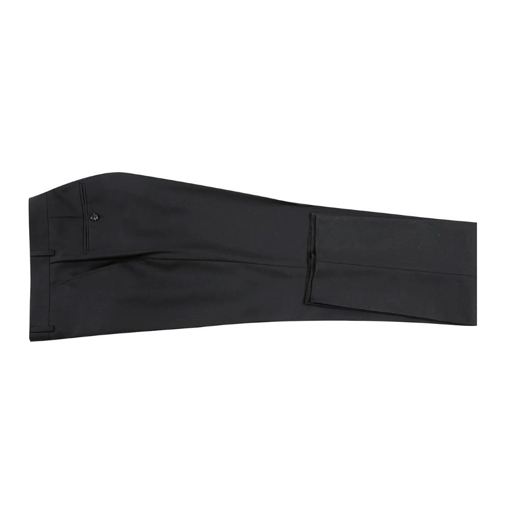 Close-up of solid black Slim Fit 2 Piece Double Breasted Peak Lapel Tuxedo pocket, showing button detail on white background.