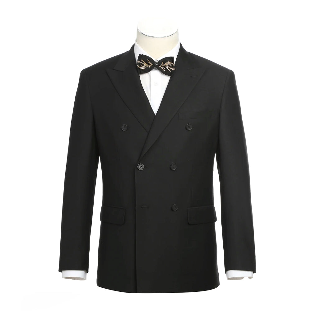 Solid Slim Fit Black Double Breasted Peak Lapel Tuxedo jacket with buttons, pockets, and bow tie on white background.