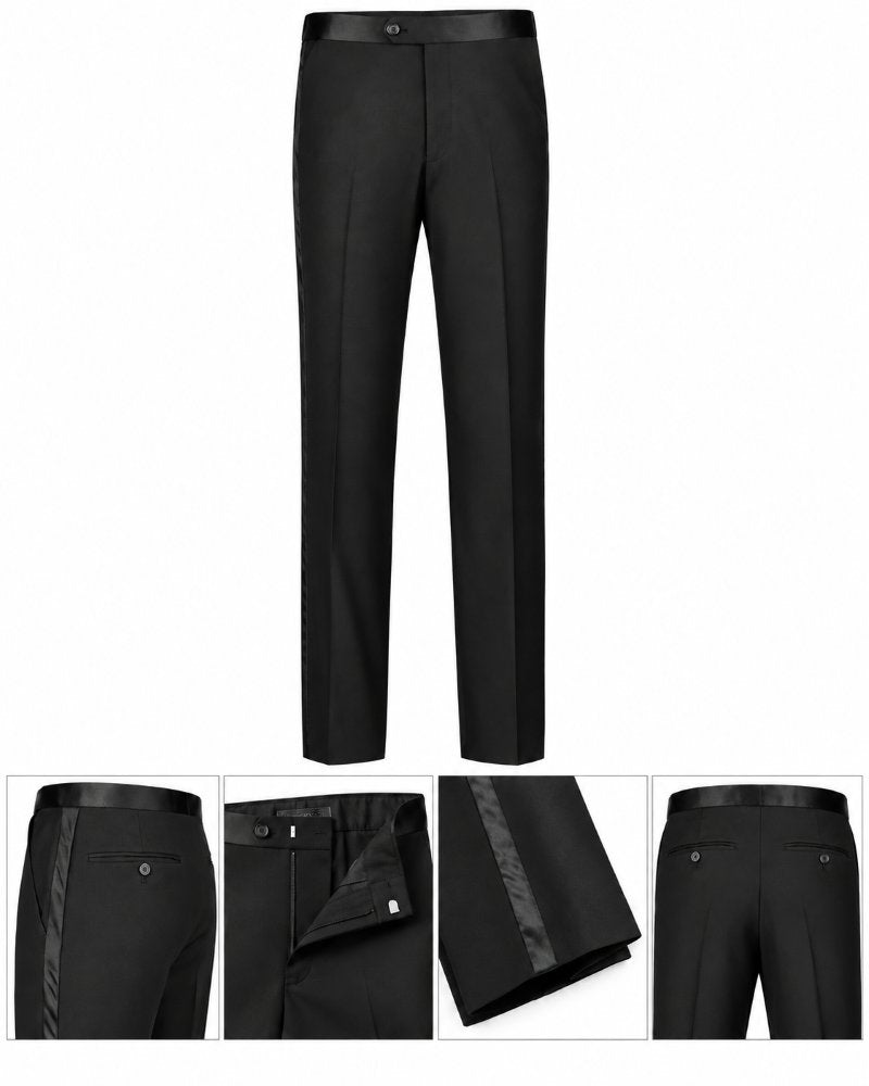 Black dress pants shown on a white background, with a main full-length view and three smaller detail inset views at the bottom showing the waistband, front pocket, and cuff.