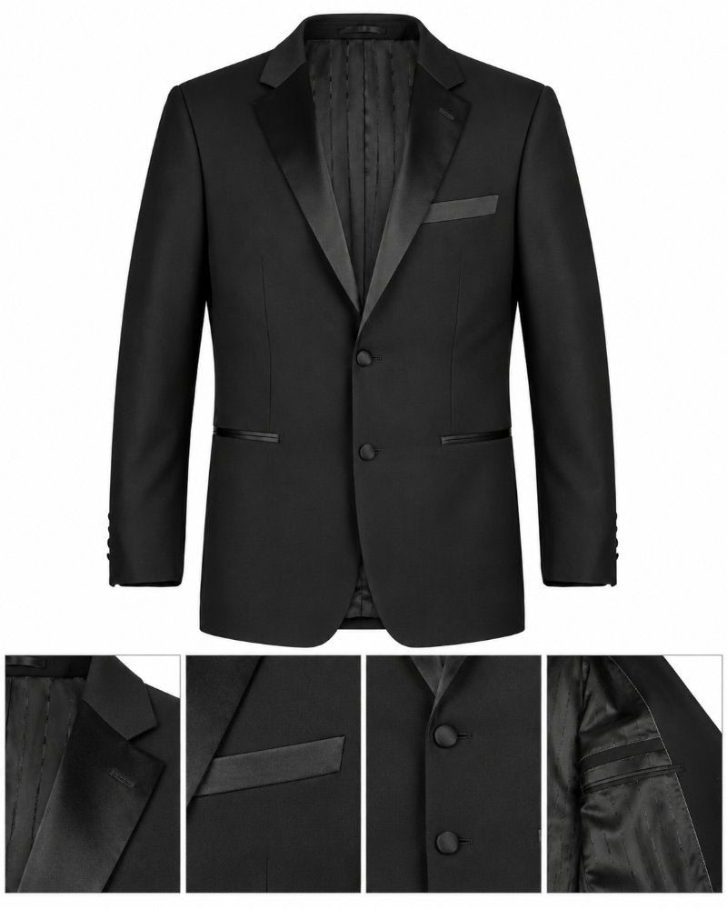 A black men's tuxedo jacket with satin lapels, a single-button front closure, and a matching pocket square, shown on a plain white background.