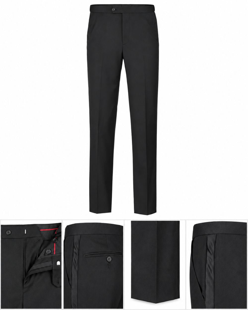 Black tuxedo dress pants shown on a white background, with four detail inset images along the bottom showing the waistband, pocket, front seam, and side pocket.
