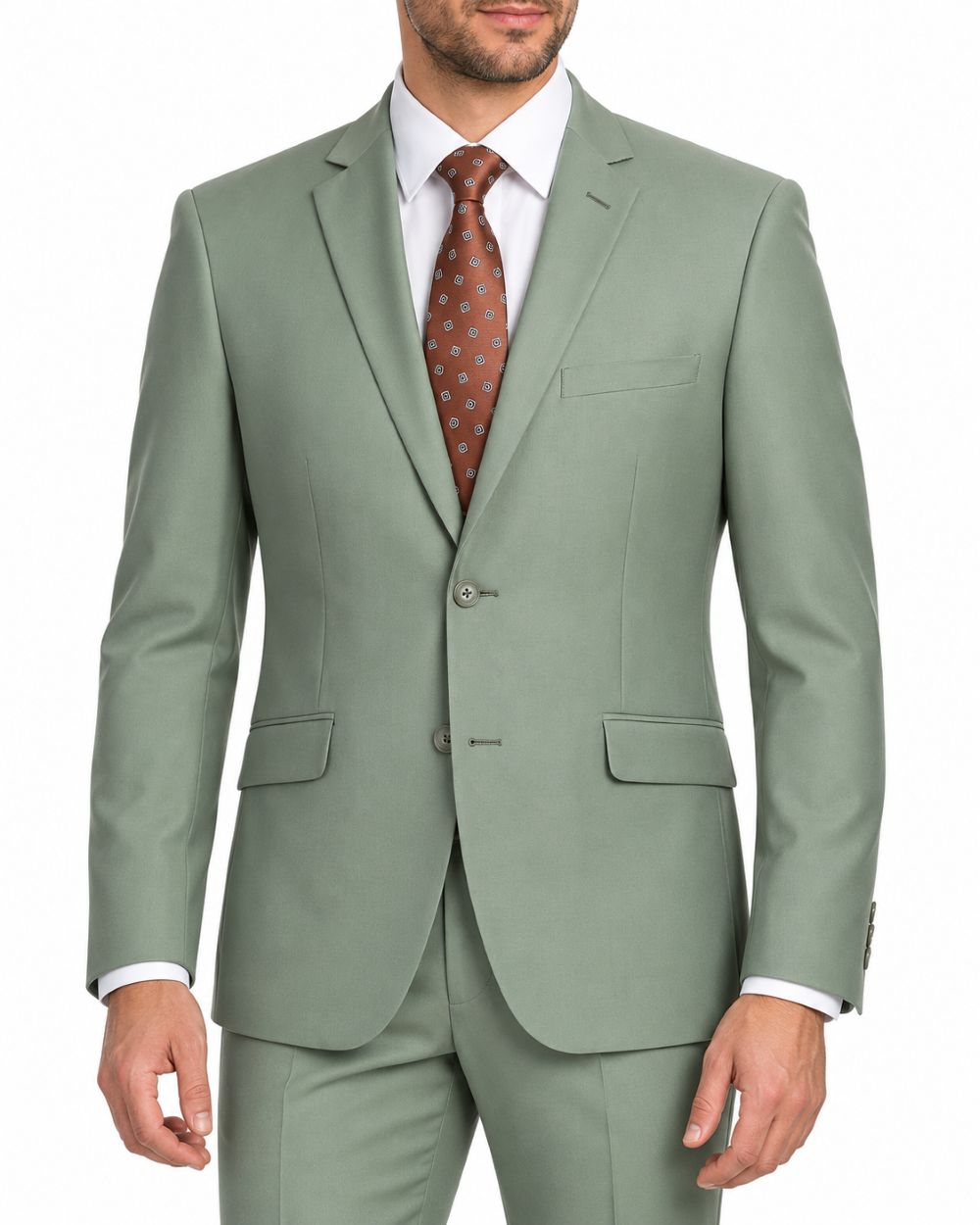 A man wearing a sage green two-piece suit with a white dress shirt and a rust-colored patterned tie, shown from the waist up against a plain white background.