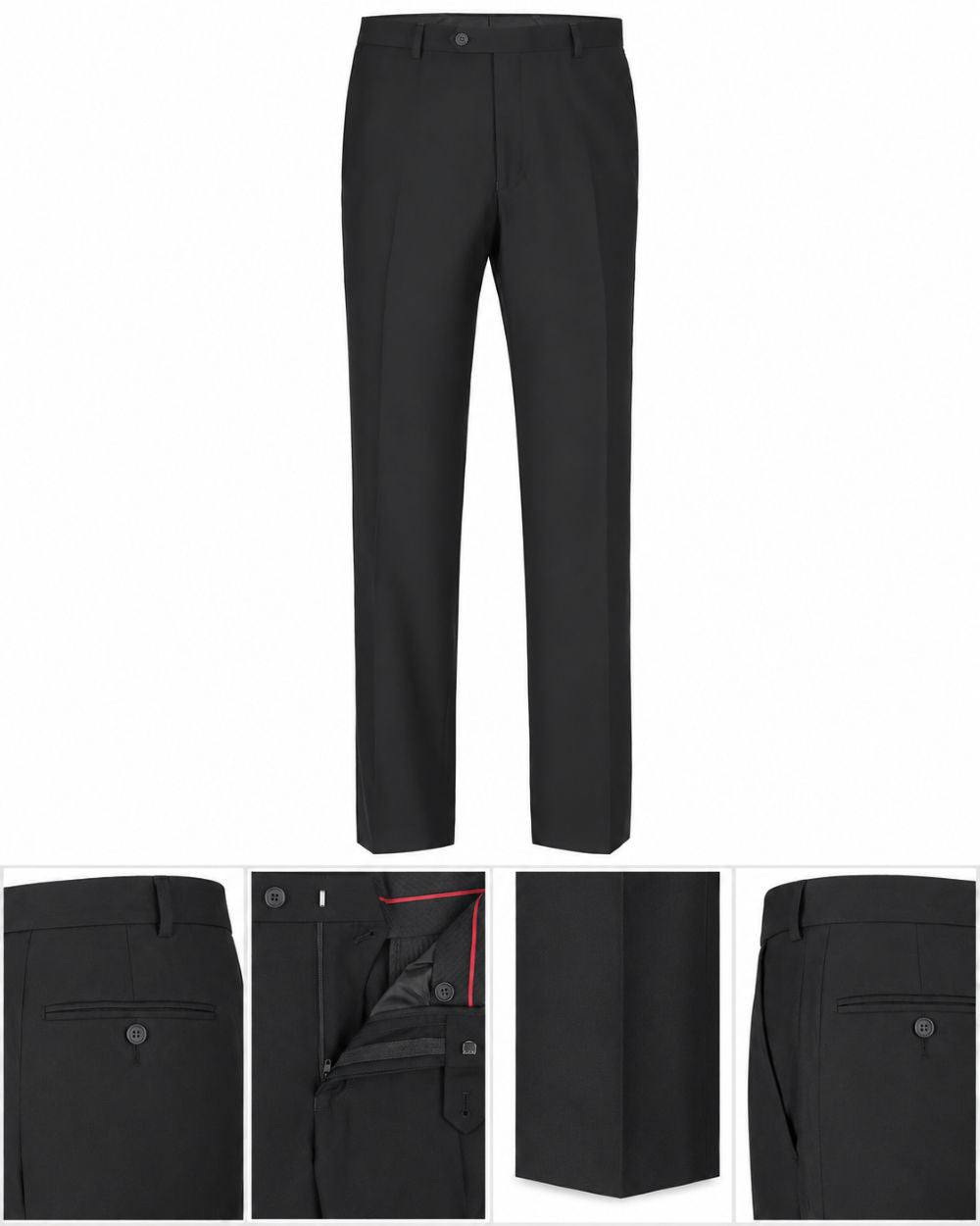 Black men's dress pants shown on a white background, with a main full-length view and four inset detail views at the bottom showing the front pocket, interior pocket lining, side seam, and back pocket.