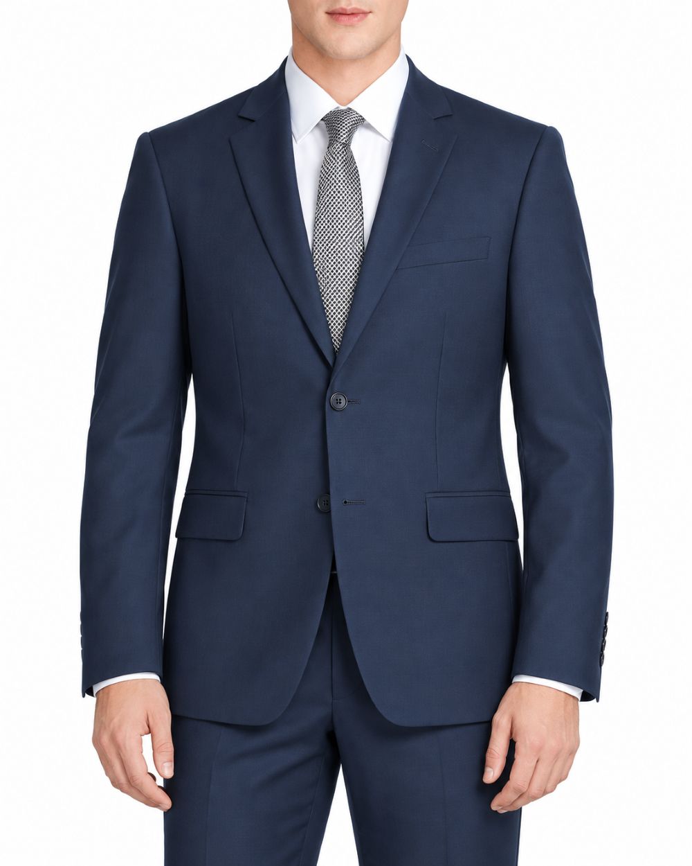A man wearing a navy blue two-piece suit with a white dress shirt and a gray patterned tie, shown from the neck down on a plain white background.