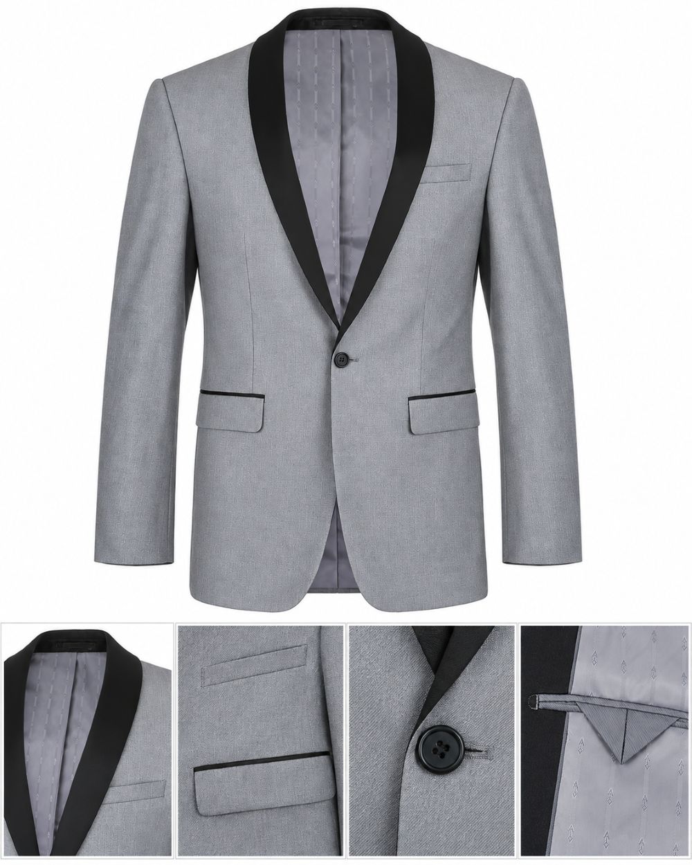 A light gray blazer with black satin shawl lapels, shown on a white background with three detail inset images along the bottom showing the lapel, pocket, and button close-ups.