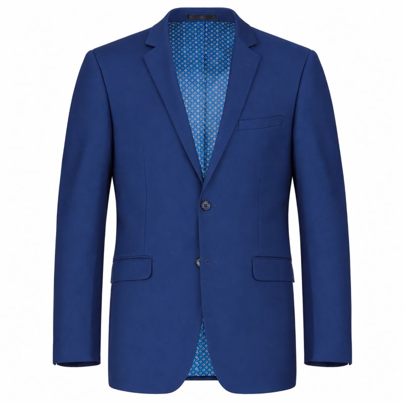 A men's blue blazer with notch lapels, a two-button front closure, and flap pockets, shown on a plain white background with a patterned lining visible inside.