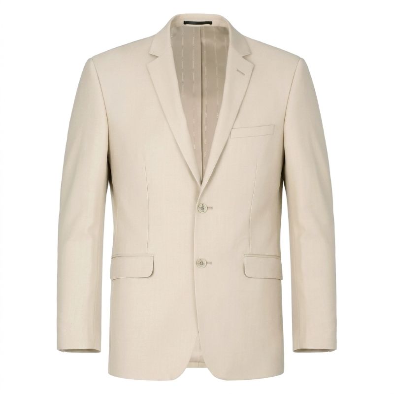 A light beige single-breasted suit jacket with notch lapels, two front buttons, and flap pockets, shown on a plain white background.