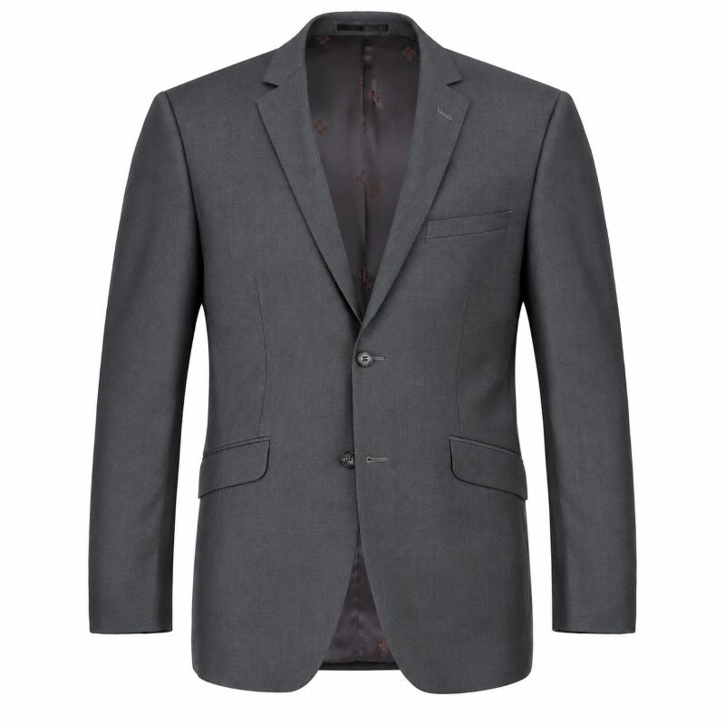 A dark gray two-button suit jacket with notch lapels and flap pockets, shown on a plain white background.