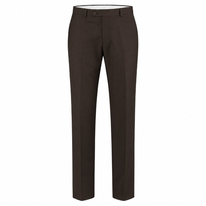 A pair of dark brown straight-leg dress pants shown on a plain white background.