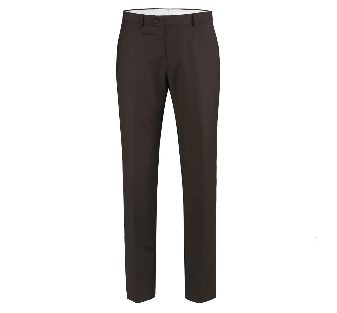 Folded solid Dress Pants Regular Leg Un-Hemmed Bottoms in Brown by Renoir, front view, on a white background.