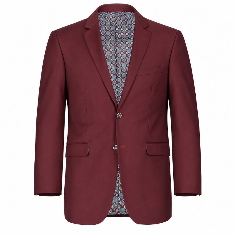 A men's single-breasted blazer in burgundy, featuring notch lapels, two front buttons, flap pockets, and a patterned lining visible inside, shown against a plain white background.