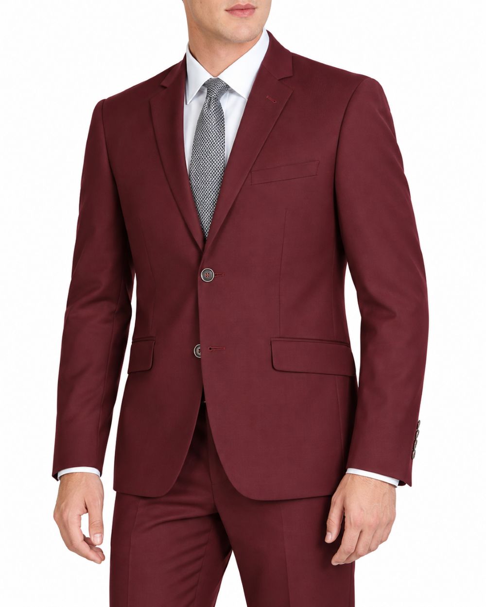 A man wearing a tailored burgundy suit with a white dress shirt and a gray patterned tie, shown from the lower face to the upper thighs against a plain white background.