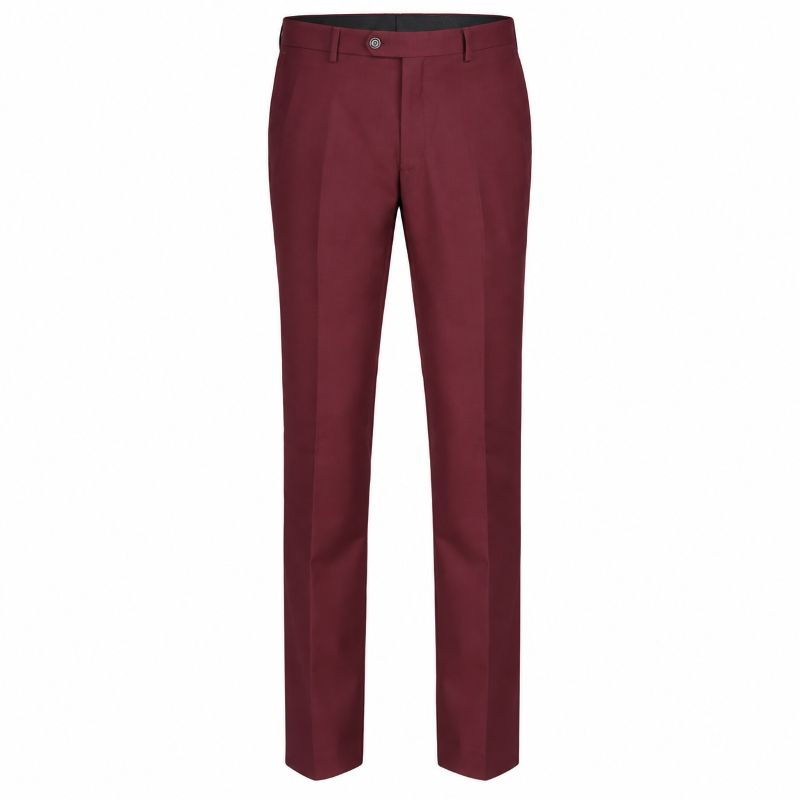 A pair of men's straight-leg trousers in a deep burgundy color, shown flat against a solid white background.