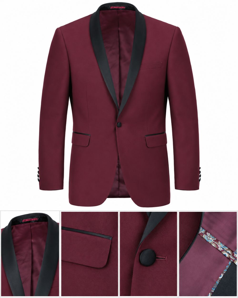 A men's single-breasted blazer in deep burgundy with black satin shawl lapels, shown on a white background with three detail inset images at the bottom showing the lapel, pocket, button, and fabric texture.