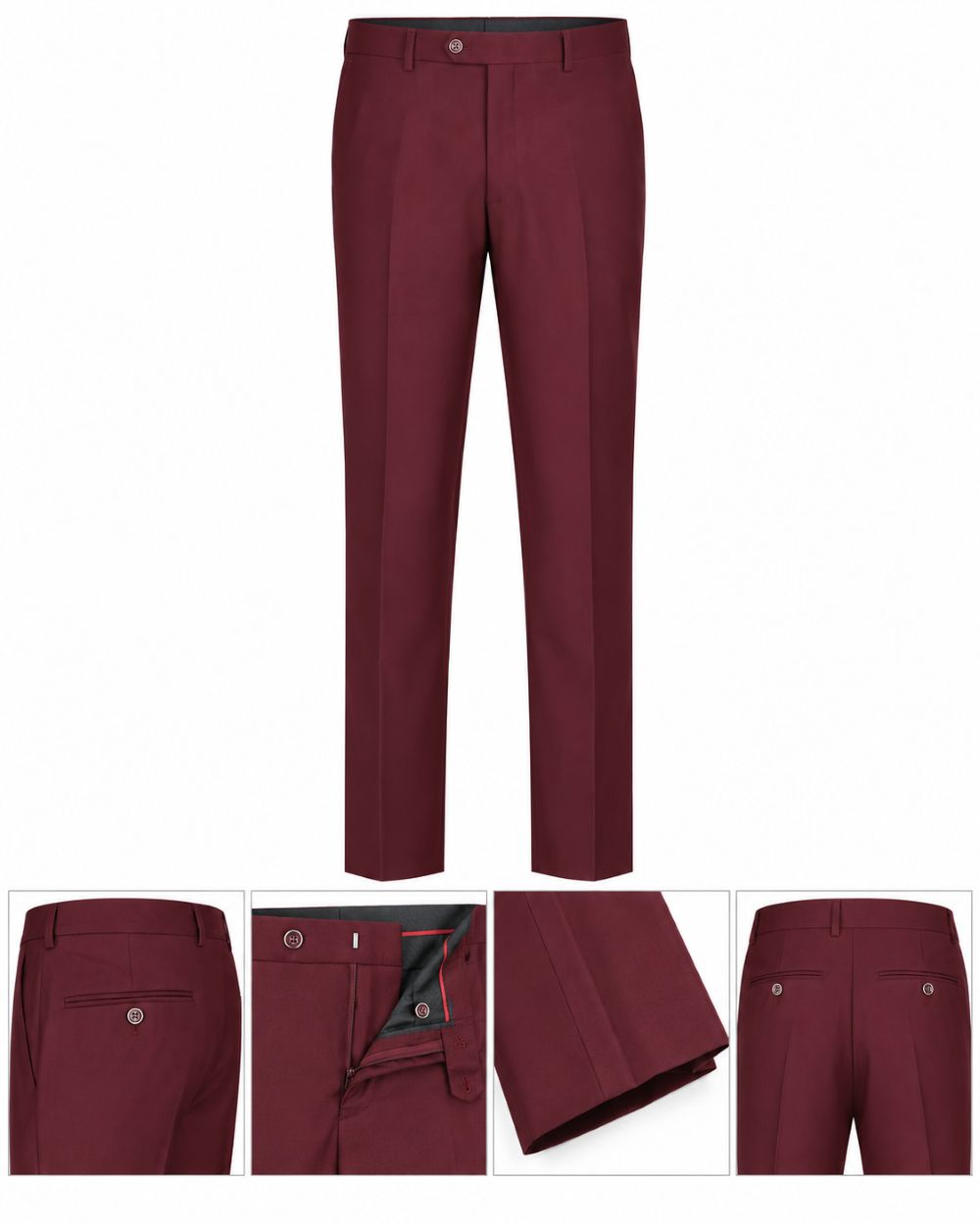A pair of slim-fit trousers in a deep burgundy or maroon shade, shown on a plain white background with four inset detail views at the bottom highlighting the waistband, pocket, fold, and back pocket.