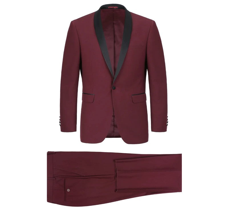A men's formal suit set featuring a burgundy blazer with black satin shawl lapels and matching trousers, displayed against a solid white background.