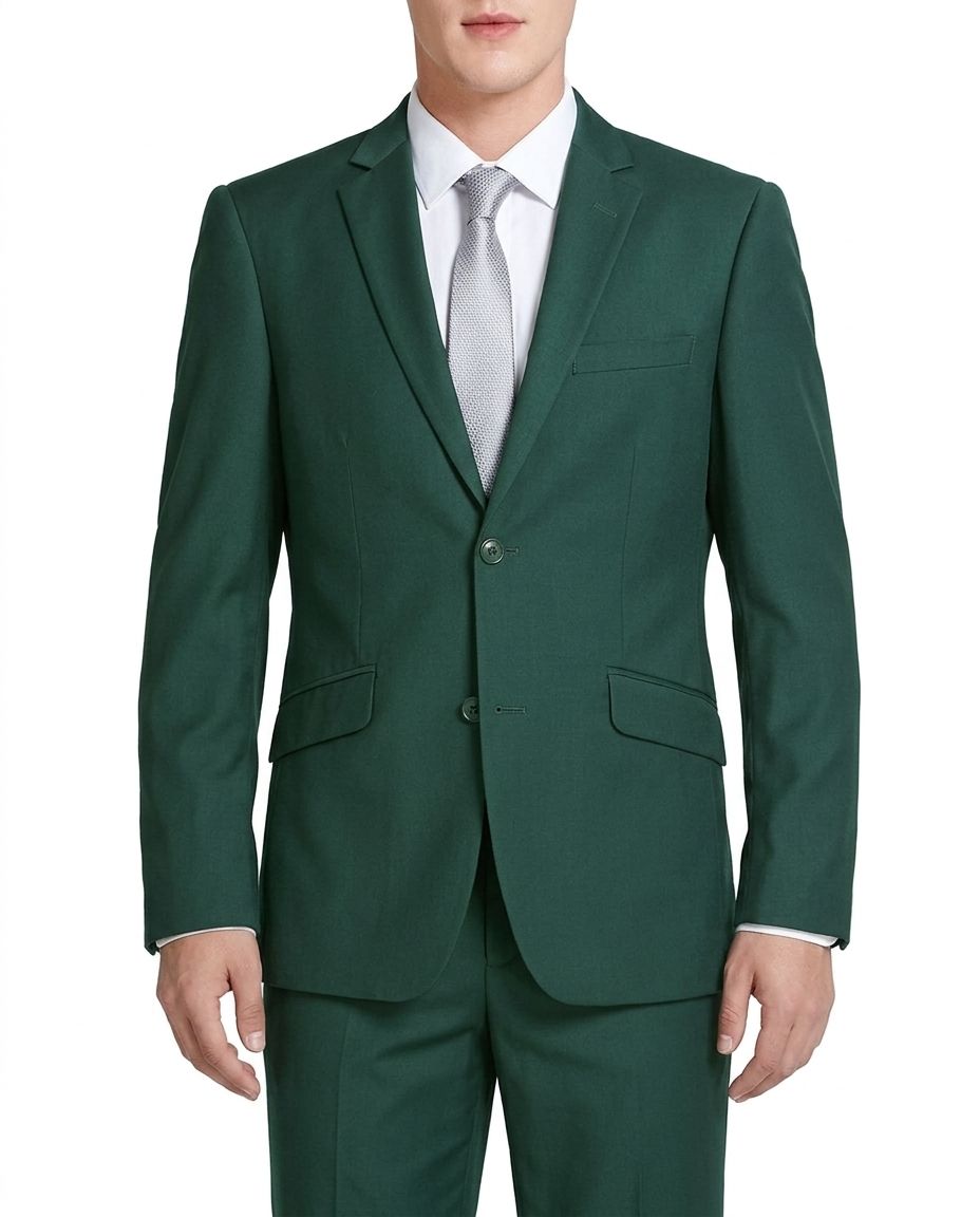A man wearing a dark green two-piece suit with a white dress shirt and a light gray tie, shown from the neck down against a plain white background.